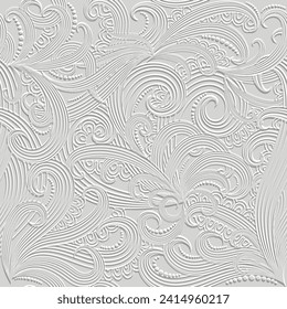 3d emboss textured line art floral hand drawn white seamless pattern. Surface lines flowers embossed vector background. Drawing flowers leaves swirl lines dots emboss 3d ornament with embossing effect