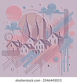 3d emboss textured painted cityscape with houses, tall skyscrapers, geometric lines, circles, clouds, stripes. Vector embossed pastel colored absract background. Modern artistic beautiful design.