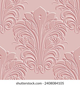 3d emboss Vintage art nouveau floral seamless pattern. Vector ornamental Damask Baroque old style textured surface background with embossed vintage flowers, leaves, ornaments. Relief grunge texture.