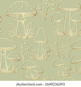 3d emboss vintage seamless pattern with golden hand drawn line art mushrooms and wildflowers on a muted green background. Elegant botanical forest illustration. Endless texture. Beautiful lines design