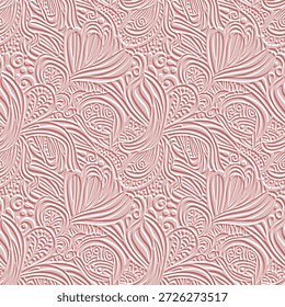 Patrón sin fisuras de estilo étnico abstracto en relieve 3D. Fondo de textura rosa claro con remolinos florales en relieve y líneas onduladas. Elegante fondo ornamental de Vector moderno. Interminable relieve 3d textura.