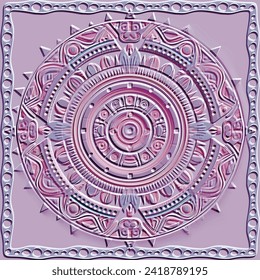 3d Embossed african round mandala with square frame border seamless pattern. Tribal ethnic afro style emboss ornaments with african symbols, signs. Doodle hand drawn relief textured colorful design.