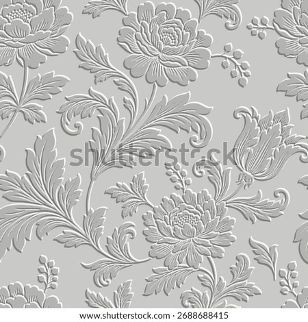 3d embossed Baroque style floral seamless pattern with relief vintage flowers, leaves. Vector beautiful emboss background. Repeat antique style textured backdrop. Surface endless texture with effect.