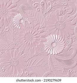 3d embossed blossom daisy and chamomile flowers seamless pattern. Textured beautiful flowers relief pink background. Repeat emboss backdrop. Surface 3d camomile flowers ornaments. Floral pattern.