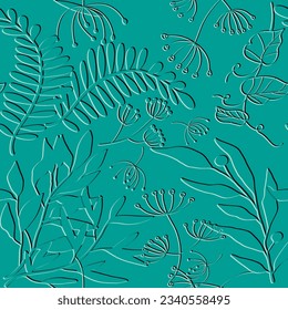 3d embossed doodle lines floral seamless pattern. Textured tropical flowers relief background. Repeat emboss blue backdrop. Surface flowers, leaves. 3d line art flowers ornament with embossing effect.