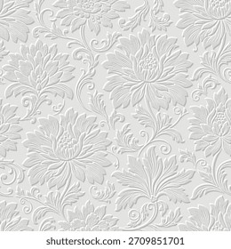 3d embossed elegant damask seamless pattern with intricate white volumetric baroque style relief scrolls and swirls. Emboss 3D effect light gray background . Ideal for luxury decor and textile print.