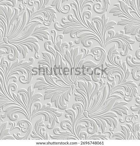 3d embossed elegant damask seamless pattern with intricate white volumetric baroque style relief scrolls and swirls. Emboss 3D effect light gray background . Ideal for luxury decor and textile print.