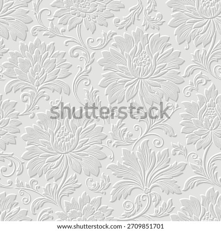 3d embossed elegant damask seamless pattern with intricate white volumetric baroque style relief scrolls and swirls. Emboss 3D effect light gray background . Ideal for luxury decor and textile print.