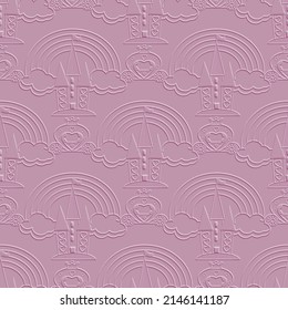 3d embossed fairy tale seamless pattern background wallpaper illustration with fairytale princess castle, magic carriage, rainbow, clouds for little girls who dream of being princesses. Emboss texture