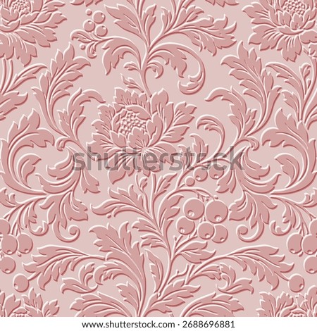 3d embossed floral Baroque and rococo style seamless pattern with vintage relief flowers, leaves, beries. Beautiful emboss pink vector background. Textured repeat emboss backdrop. Endless 3d texture.