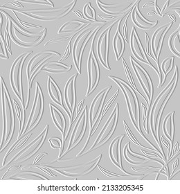 3d embossed floral lines seamless pattern. Ornamental beautiful leafy relief background. Repeat textured white backdrop. Surface leaves, branches. 3d endless light ornaments with embossing effect. Art