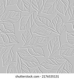 3d embossed floral lines seamless pattern. Ornamental  leafy relief background. Repeat textured white backdrop. Surface doodle lines leaves, branches. 3d endless ornaments with embossing effect. Art.