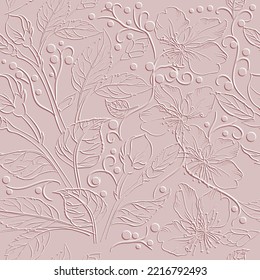 3d embossed floral lines seamless pattern. Ornamental  leafy relief background. Repeat textured pink backdrop. Surface doodle lines flowers, leaves, branches, circles. 3d ornaments. Endless texture.