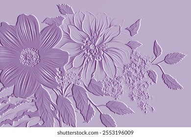 padrão floral em relevo 3d com folhas de superfície, flores violeta lilás. Texturizado belas flores relevo fundo. Relevo lilás fundo. ornamento de flores de arte de linha 3d com efeito de relevo. Art.