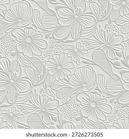 Modelo inconsútil floral en relieve 3D. Moderno fondo grunge texturizado blanco con flores estilizadas en relieve y Elementos lineales. Ornamento botánico creativo elegante del Vector. Interminable relieve 3d textura.