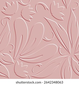 Patrón de Vector sin costuras floral en relieve 3D con hojas de flores en relieve suave en tonos rosados pastel. Ornamentos de relieve dibujados a mano hermosos con textura mínima. Superficie textura moderna con efecto de relieve.