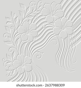 3d Embossed floral vector pattern with hibiscus, lily flowers, leaves, stripes and wavy lines. Elegant 3D emboss texture design. Grunge textured white beautiful background with embossing effect. 