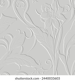 3D geprägte Blumen hinterlassen modernes weißes nahtloses Muster. Strukturierter schöner floraler Relief Grunge Hintergrund. Hintergrund der Prägung. Oberflächenblumen. 3D Line Art Blumen Ornamente mit Prägeeffekt.