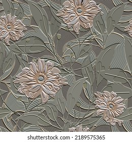 3d embossed flowers seamless pattern. Textured beautiful  flowers relief background. Repeat emboss lines backdrop. 3d surface ornaments with embossing effect. Waves 3d texture. Exotic flowers, leaves.