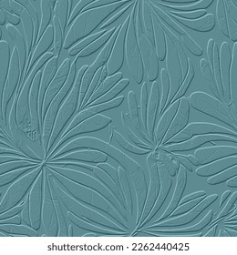 3d embossed grunge floral seamless pattern. Textured abstract lotus flowers relief background. Repeat emboss plants backdrop. Surface leaves, flowers. 3d pink flowers ornament with embossing effect. 