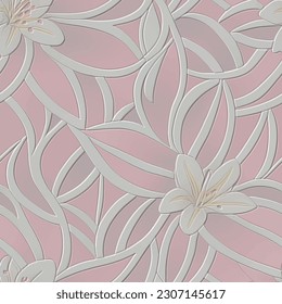 3d embossed lily flowers seamless pattern. Textured beautiful relief floral background. Repeat emboss backdrop. Surface flowers, leaves. 3d line art blossom lilies ornament with embossing effect.