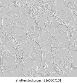 3d embossed lines floral seamless pattern. Textured beautiful flowers relief background. Repeat emboss white backdrop. Surface leaves, flowers. 3d line art flowers ornament with embossing effect. Art.
