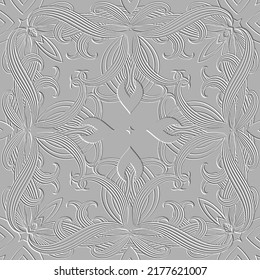 3d líneas estampadas de patrón floral sin costuras. Texturado hermoso fondo de alivio de flores. Repita el procedimiento para atravesar el fondo blanco. Hojas de superficie, flores, líneas de giro. Flores de arte de 3ª línea adornos dibujados a mano.
