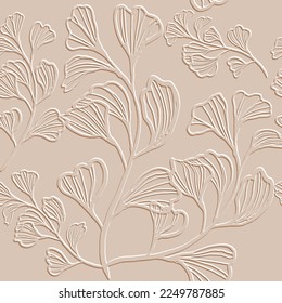 3d embossed lines floral seamless pattern. Textured beautiful flowers relief background. Repeat emboss beige backdrop. Surface leaves, flowers. 3d line art flowers ornament with embossing effect. Art.