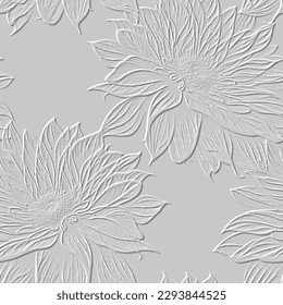 3d embossed lines floral seamless pattern. Textured beautiful flowers relief background. Repeat emboss white backdrop. Art. Surface leaves, flowers. 3d line art flowers ornament with embossing effect.