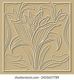 3d embossed lines floral seamless pattern with square frame. Textured doodle flowers relief background. Emboss backdrop. Surface lilies flowers. 3d line art flowers ornament with embossing effect.