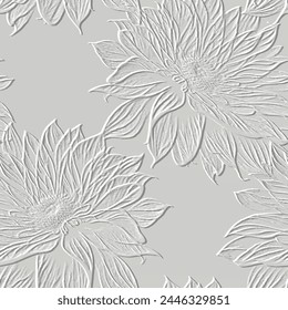 3d embossed lines floral seamless pattern. Textured aster flowers relief background. Repeat emboss white backdrop. Surface leaves, flowers. 3d line art flowers ornament with embossing effect. Art.