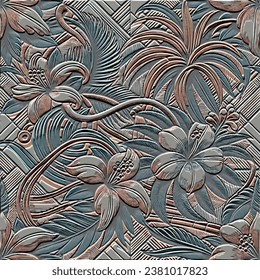 3d embossed lines flowers tropical pattern. Textured beautiful flowers relief background. Emboss tropic backdrop. Surface leaves, flowers. 3d line art flowers ornament with embossing effect. Art Deco.