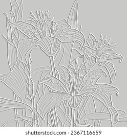 3d embossed lines lily flowers pattern. Textured beautiful flowers relief background. Emboss white backdrop. Surface bas-relief  leaves, flowers. 3d line art flowers ornament with embossing effect.