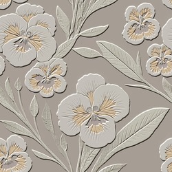 3d Embossed Pansy Flowers Seamless Pattern. Textured Beautiful Relief Floral Background. Repeat Emboss Backdrop. Surface Flowers, Leaves. 3d Line Art Blossom Flowers Ornament With Embossing Effect.