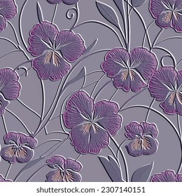 Flores pansy estampadas en 3d sin costura. Fondo floral de relieve texturado. Repetir el fondo de emboscada. Flores violetas superficiales, hojas. Flores de flores de flor de arte de 3d línea adornadas con efecto de emboscador.