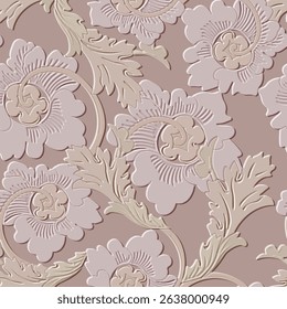 3d embossed seamless floral pattern with beautiful relief vintage flowers, leaves in soft beige and mauve tones. Vector emboss surface background. Relief textured 3d ornaments with embossing effects.