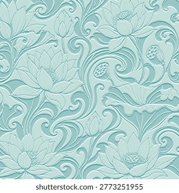 3D embossed seamless pattern with lotus flowers, buds and Art Nouveau swirls. Mint green emboss texture with a realistic relief effect, perfect for luxury wallpaper and spa-themed interior decor.