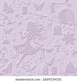 3D embossed seamless pattern in soft purple tones with a girl in a dress, butterflies, a lantern and decorative elements in a magical and fairy tale style. Textured relief endless vector background.