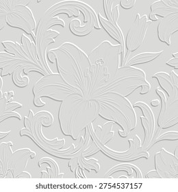 3D embossed seamless pattern with textured lily flowers and baroque scrolls. Elegant light grey emboss floral background. Vector relief endless ornament for premium wallpaper, fabric and interiors.