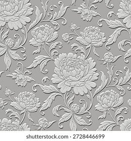 3D embossed textured vintage seamless pattern with elegant relief peonies and leaves. Beautiful white grey botanical background with a luxury bas-relief effect. Endless emboss 3d texture.