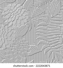 3d embossed tropical floral seamless pattern. Textured aster flowers relief waffle background. Repeat emboss white backdrop. Surface palm leaves, branches, flowers. 3d flowers ornament. 3d texture.