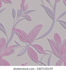 3d embossed tropical floral seamless pattern. Textured beautiful relief  background. Repeat emboss backdrop. Surface lilac flowers, leaves. 3d line art pink flowers ornament with embossing effect.