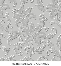 Patrón sin costuras vintage en relieve 3D. Fondo texturizado gris de lujo con flores de lirio realistas en relieve y pergaminos de damasco. Elegante adorno floral de Vector clásico. Textura de superficie de relieve sin fin.