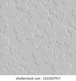 3d embossed white floral seamless pattern. Textured beautiful flowers relief background. Repeat emboss backdrop. Surface leaves, branches. 3d endless light flowers ornaments with embossing effect. Art