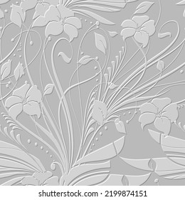 3d embossed white floral seamless pattern. Textured beautiful flowers relief background. Repeat emboss tropical backdrop. Surface leaves, branches. 3d exotic flowers ornaments with embossing effect