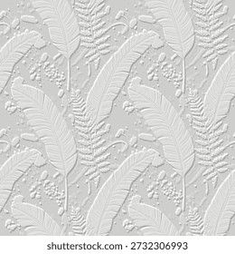 3D embossed white tropical seamless pattern. Elegant plaster relief with exotic palm fronds and fern leaves with water drops. Leafy emboss textured background. Endless grunge surface 3d texture.