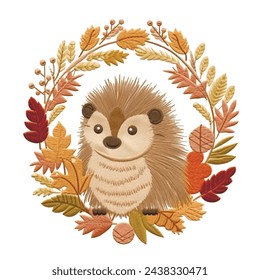 3d Embroidery beautiful textured cute cartoon hedgehog with needles and autumn branches, leaves wreath. Embroidered surface grunge texture. Forest animal. Isolated colorful decorative design on white.