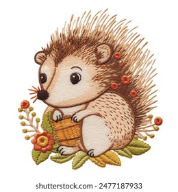 3d Embroidery beautiful textured cute cartoon isolated hedgehog with needles, flowers, leaves on white background. Childish illustration. Embroidered surface grunge texture. Forest animal. For design.