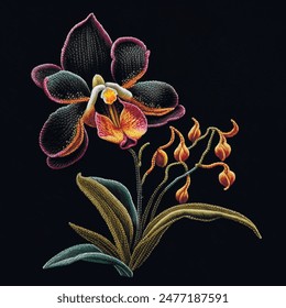 3d embroidery colorful orchid flowers leaves decorative pattern. Embroidered floral vector background illustration with beautiful stitch textured orchids. Surface stitching 3d texture. Ornate design.