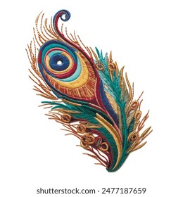 3d embroidery colorful ornamental isolated peacock feather. Embroidered textured bright feather. Decorative beautiful design. Ornate surface 3d stitch texture. White background. Vector illustration.